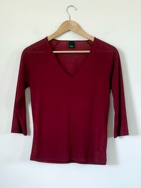 Vintage 90s Y2K Esprit Sheer Fine Knit V-Neck Top - Burgundy Wine